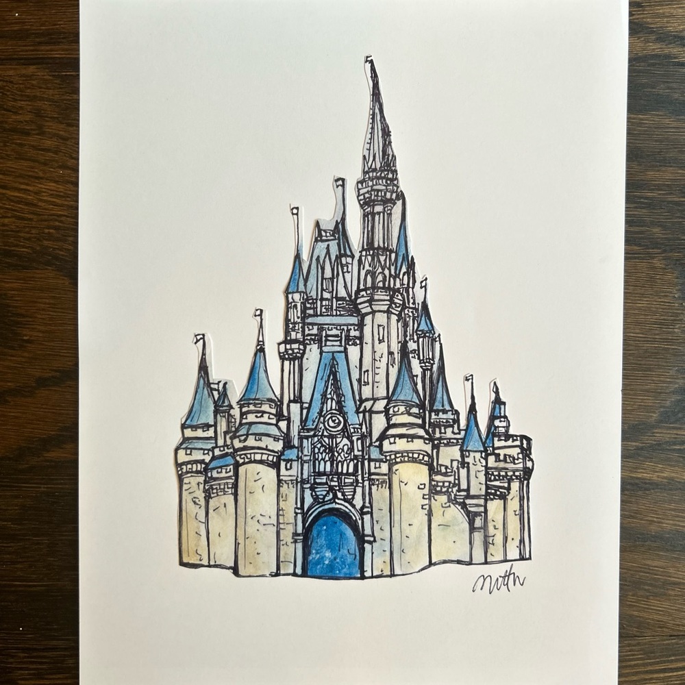 Watercolor and ink Disney castle print 8.5x11in signed and numbered